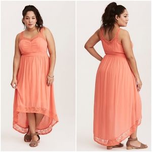 Coral Lace Gauze Hi-Lo Maxi Dress, Torrid Size 2